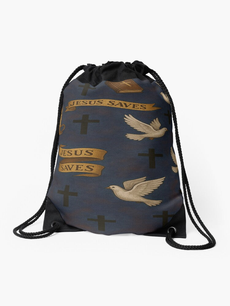 Jesus Saves – Faith Pattern with Doves and Crosses Drawstring Bag