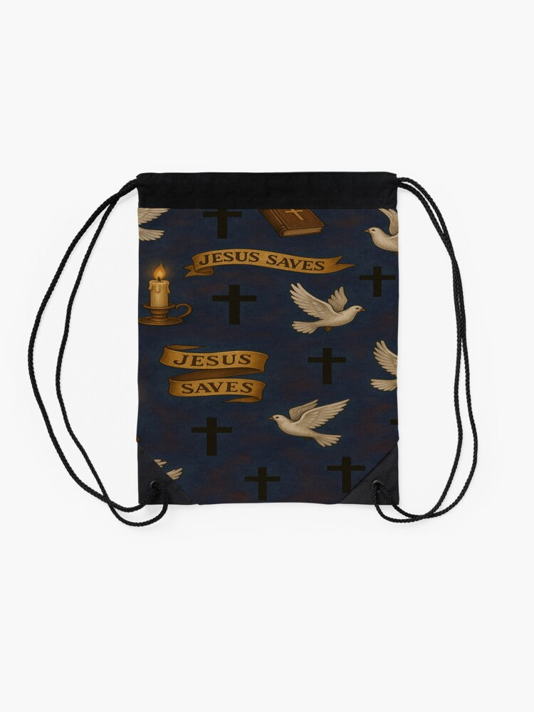 Jesus Saves – Faith Pattern with Doves and Crosses Drawstring Bag