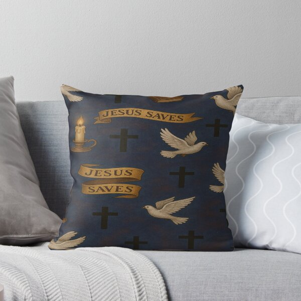 Jesus Saves – Faith Pattern with Doves and Crosses Pillow