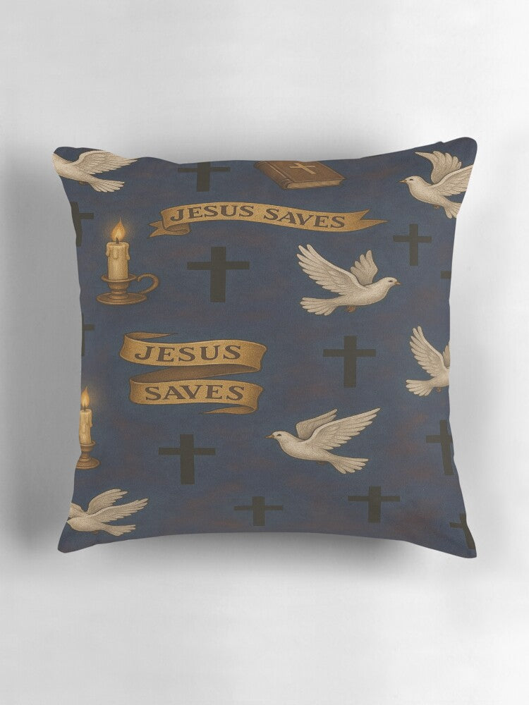 Jesus Saves – Faith Pattern with Doves and Crosses Pillow