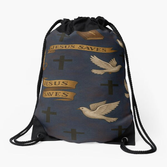 Jesus Saves – Faith Pattern with Doves and Crosses Drawstring Bag