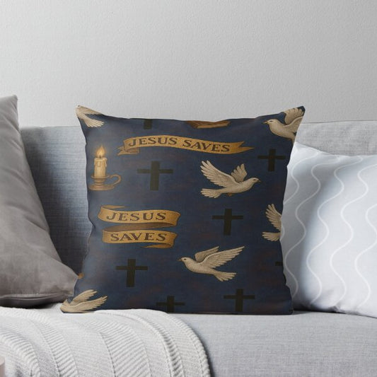 Jesus Saves – Faith Pattern with Doves and Crosses Pillow